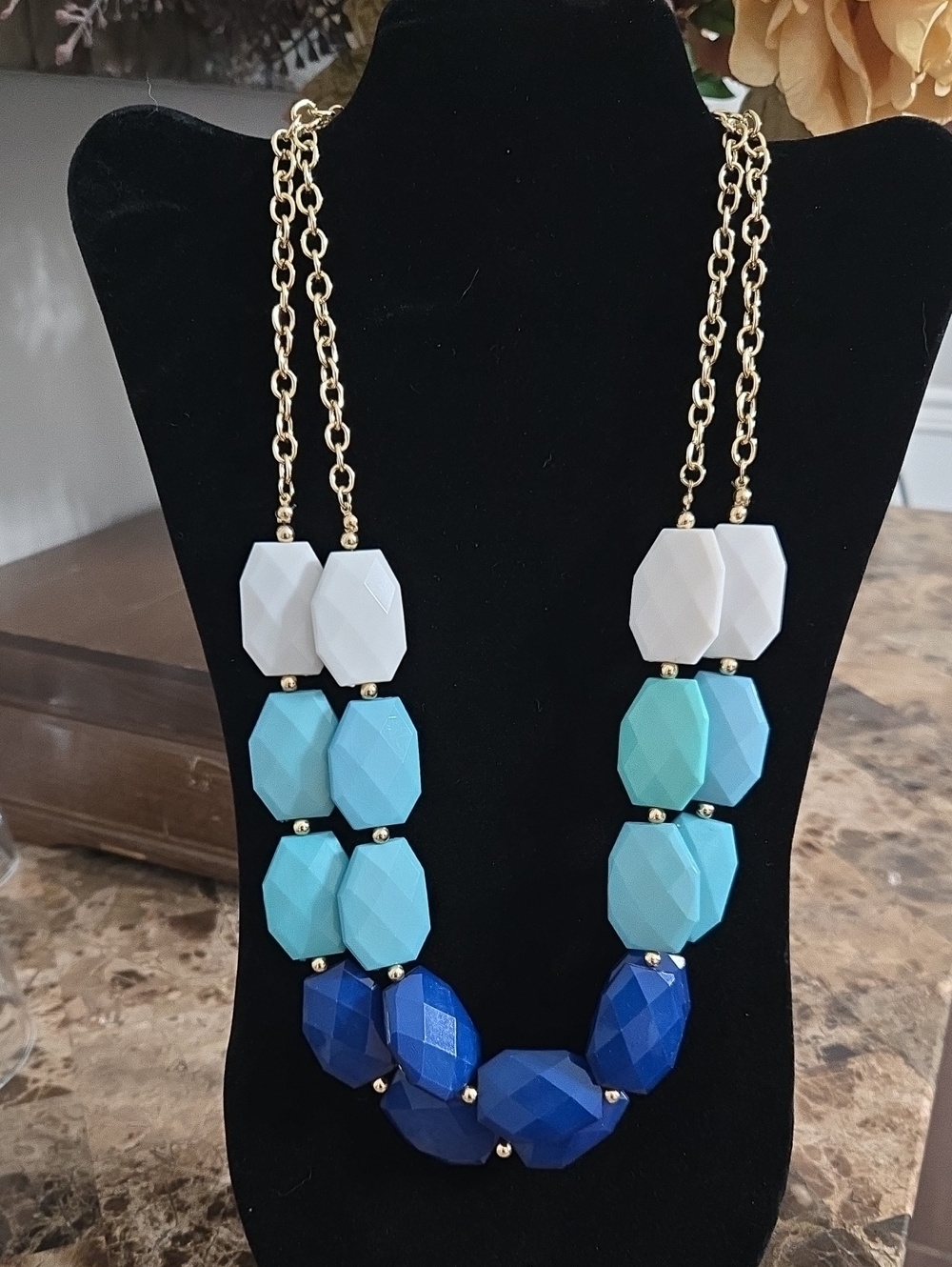 Statement Colorblock Beaded Necklace - White & Teal & Blue